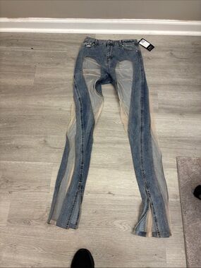 Two Twin Style Blue Denim with Beige Sheer Panels size medium 28” waist